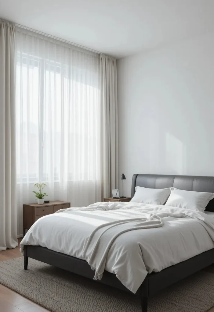 Clean minimalist men bedroom with grey tones black bed frame and natural light
