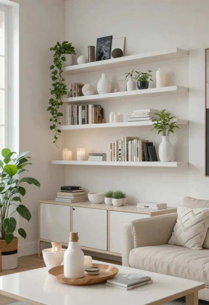 Small apartment living room with tall floating white shelves styled with books plants and ceramics showing smart vertical storage in a tiny living space.

