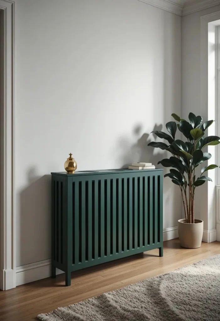 Bold forest green painted radiator cover with matte finish styled against a white wall in a modern living room