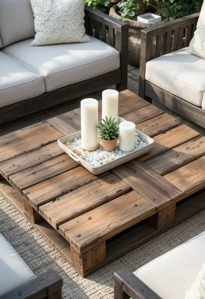 Rustic wooden pallet used as a patio coffee table styled with succulents candles and a ceramic tray

