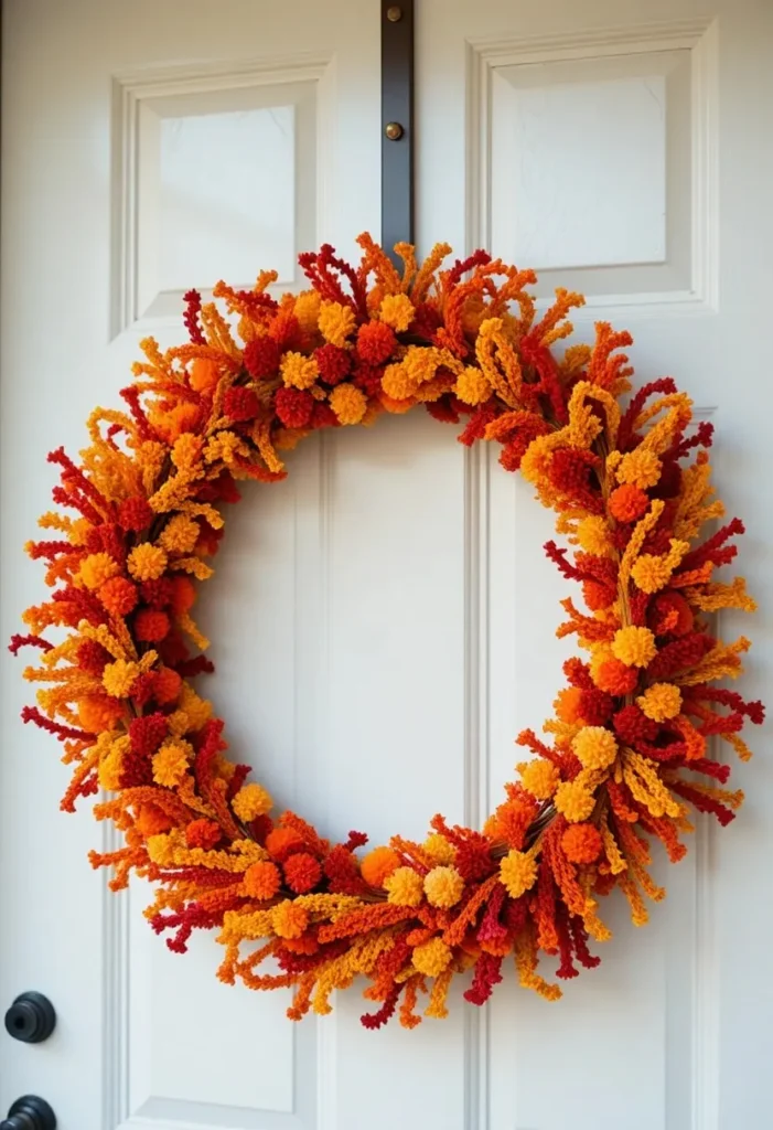 Colorful handmade pipe cleaner wreath in warm autumn orange red and yellow tones hanging on a white front door

