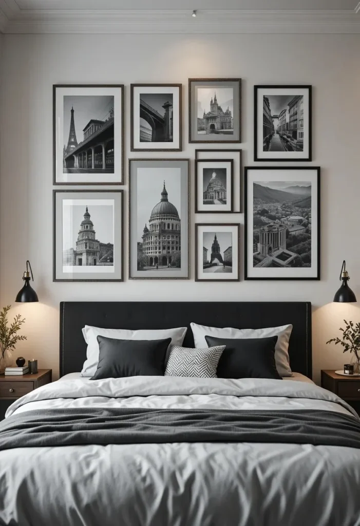 Men bedroom gallery wall with black framed art prints above bed in masculine style
