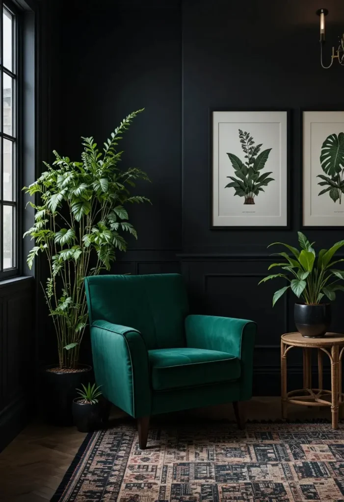 Black living room with emerald green velvet armchair trailing plants and botanical art prints
