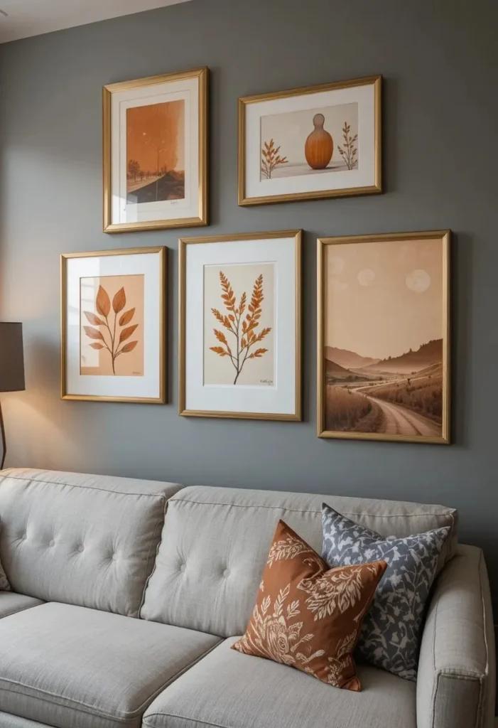 Gallery wall with warm terracotta artwork in gold frames hanging above grey linen sofa in styled living room