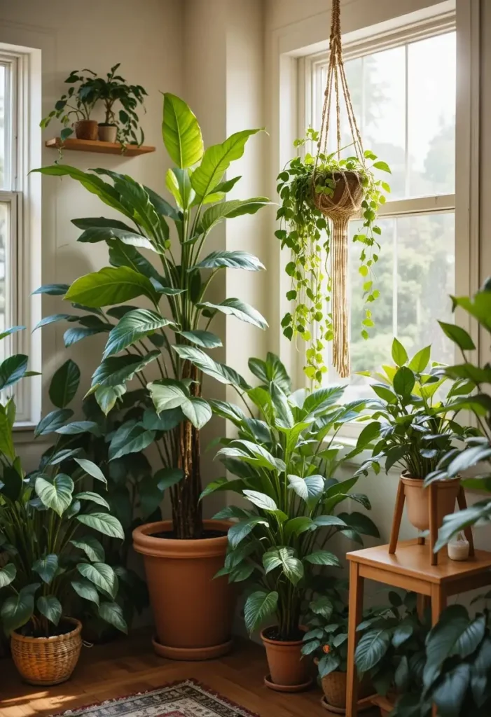 Boho living room corner filled with indoor plants including fiddle leaf fig pothos and succulents at different heights