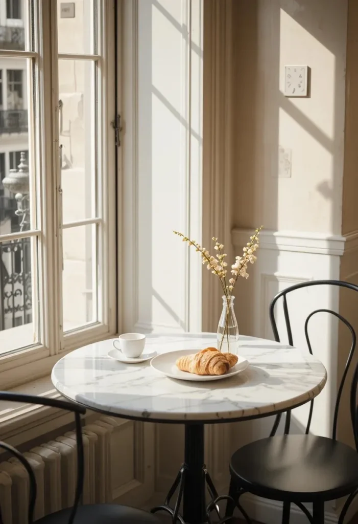 Small round marble bistro table with black metal chairs beside a sunny kitchen window in a Parisian style small kitchen
