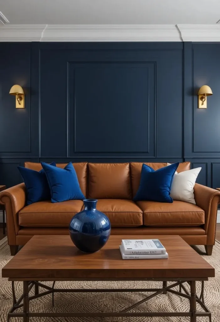  Brown sofa with navy blue velvet cushions cream pillows navy accent wall brass lighting and jute rug in sophisticated living room