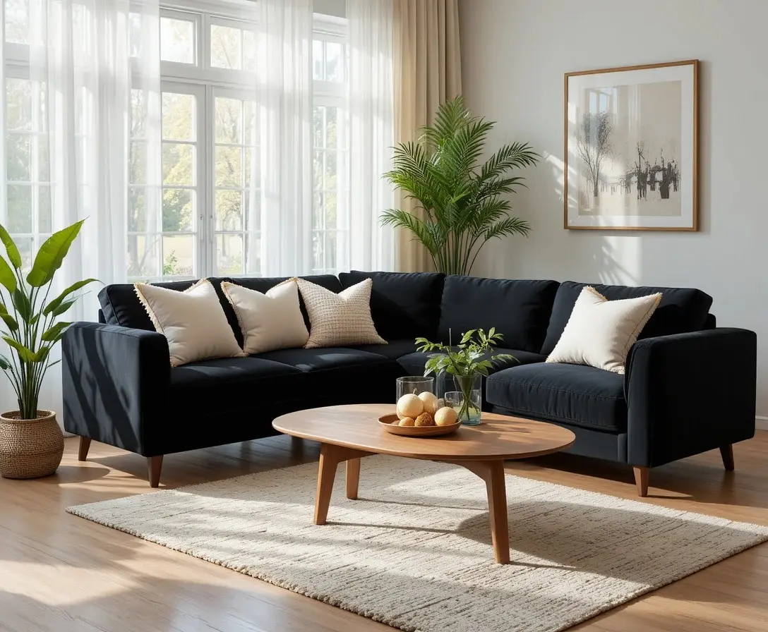 Black couch living room with cream pillows and warm wood accents