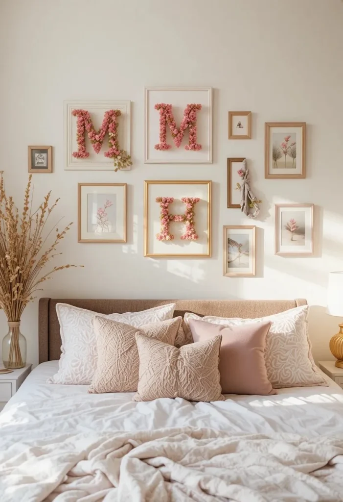 Handmade pipe cleaner monogram letters in dusty rose and gold mounted on a white bedroom gallery wall surrounded by framed prints and dried flowers.
