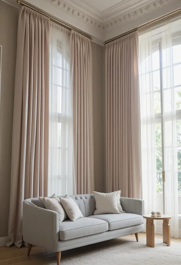 Floor to ceiling blush linen curtains framing grey couch living room with sheer panels and natural light