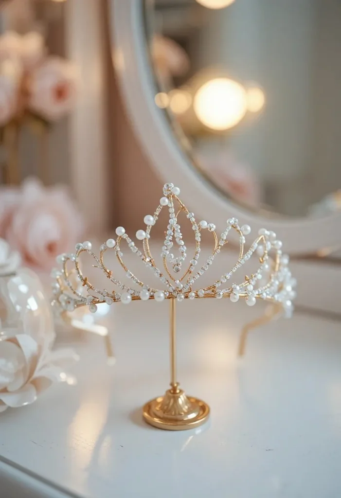 Delicate handmade silver and gold pipe cleaner tiara with pearl and crystal bead accents displayed on a jewelry stand on a feminine styled vanity dresser.