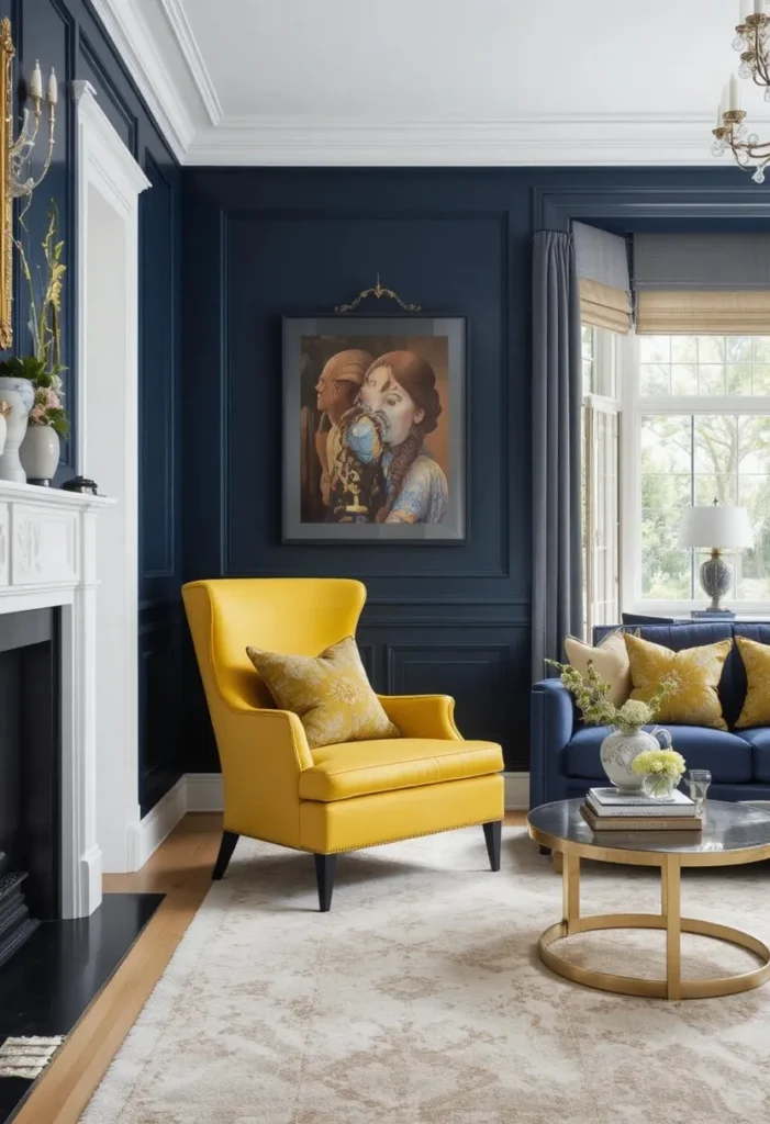Navy blue and yellow living room with bold contrasting colors.
