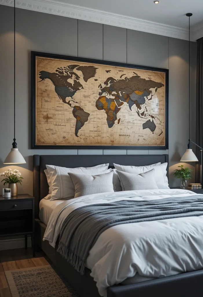 Men bedroom with large framed vintage world map above bed as signature decor piece

