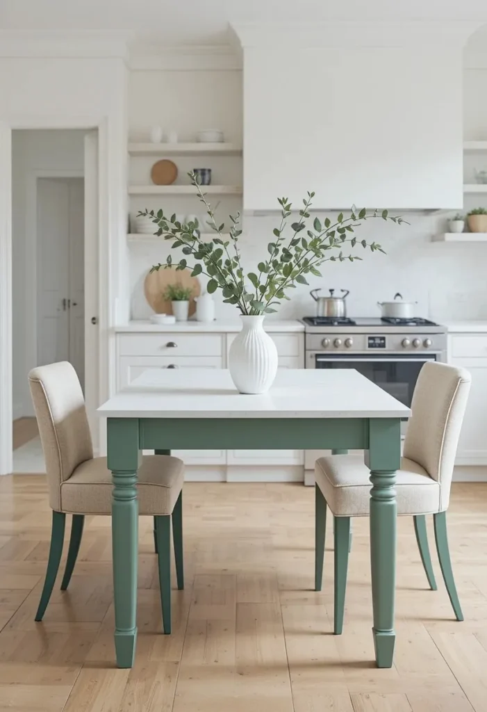  Two-toned kitchen table with white top and sage green legs with linen chairs and eucalyptus in a bright modern small kitchen
