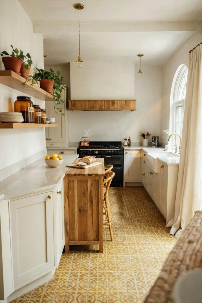 Yellow patterned kitchen floor tiles in a warm modern farmhouse kitchen.

