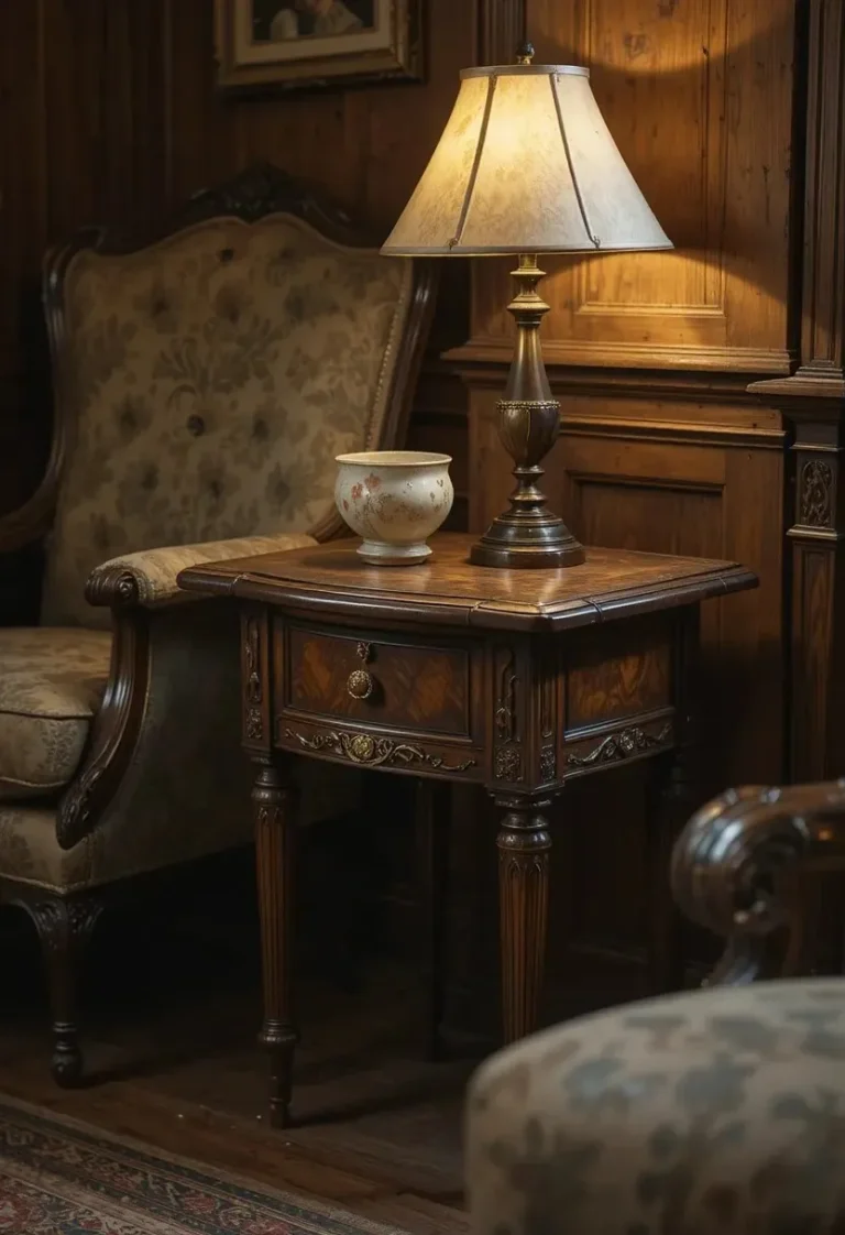 Cozy vintage living room with warm lighting and antique furniture