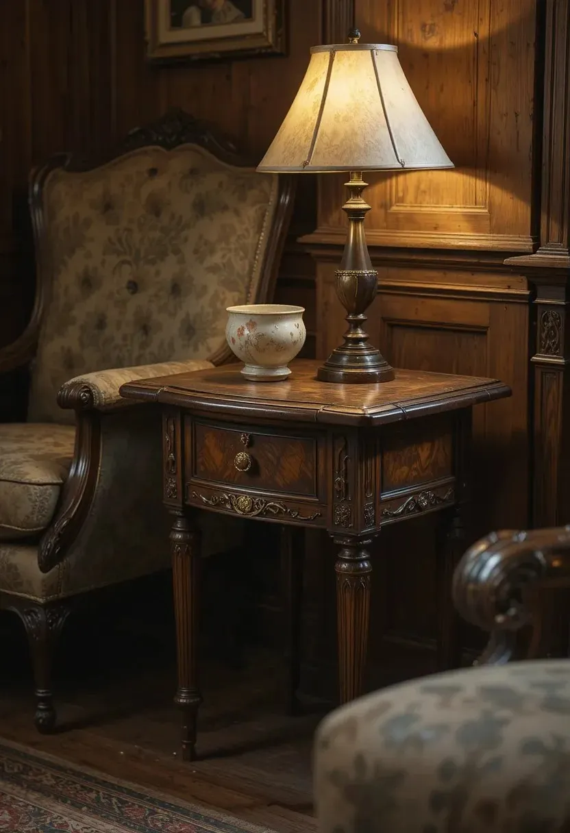 Cozy vintage living room with warm lighting and antique furniture