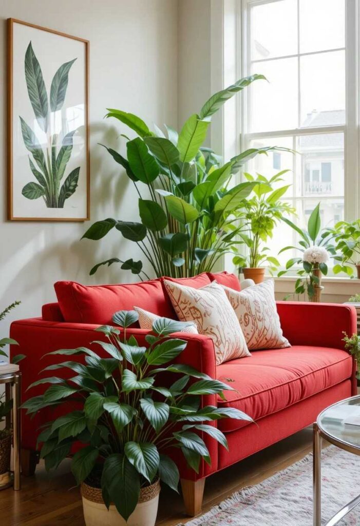 Red couch living room with botanical plant decor
