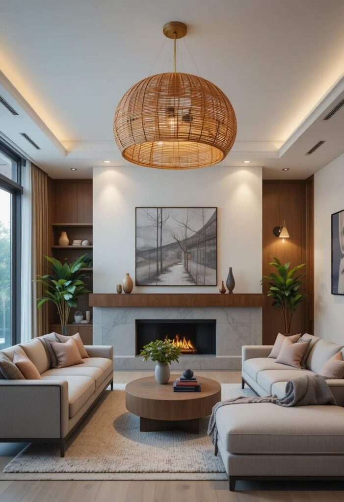 Statement pendant light fixture in a living room interior design