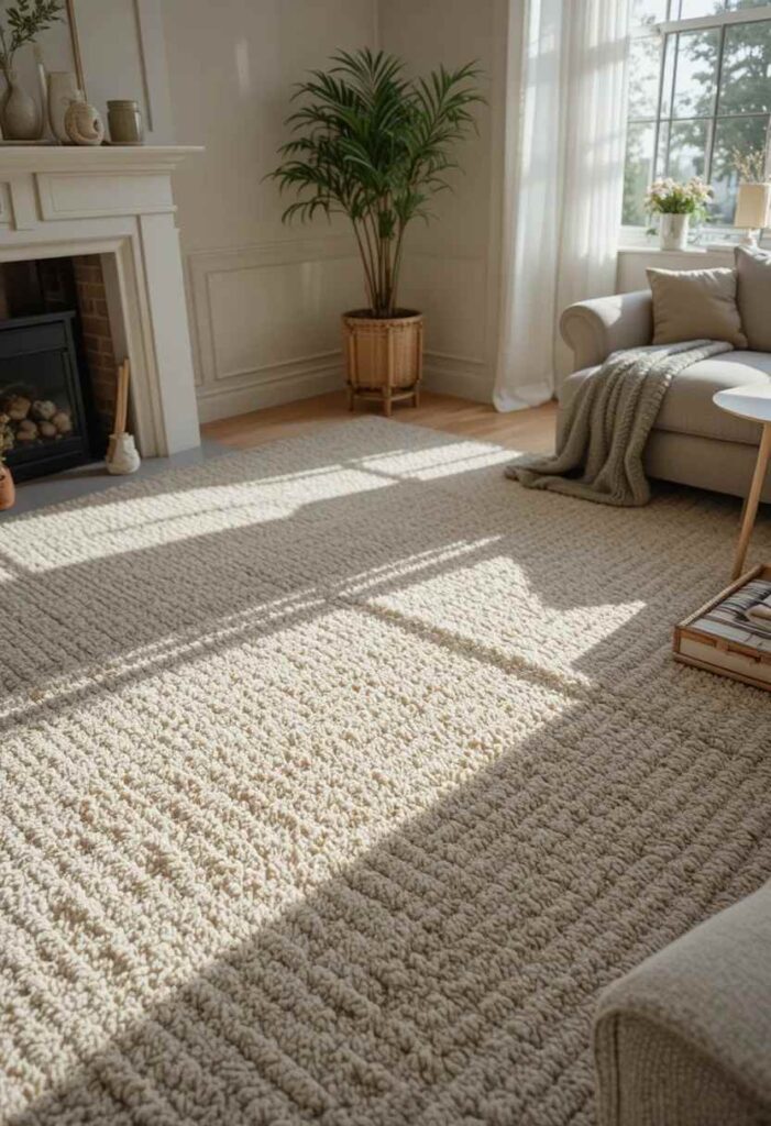 Chunky textured living room carpet with visible tactile detail