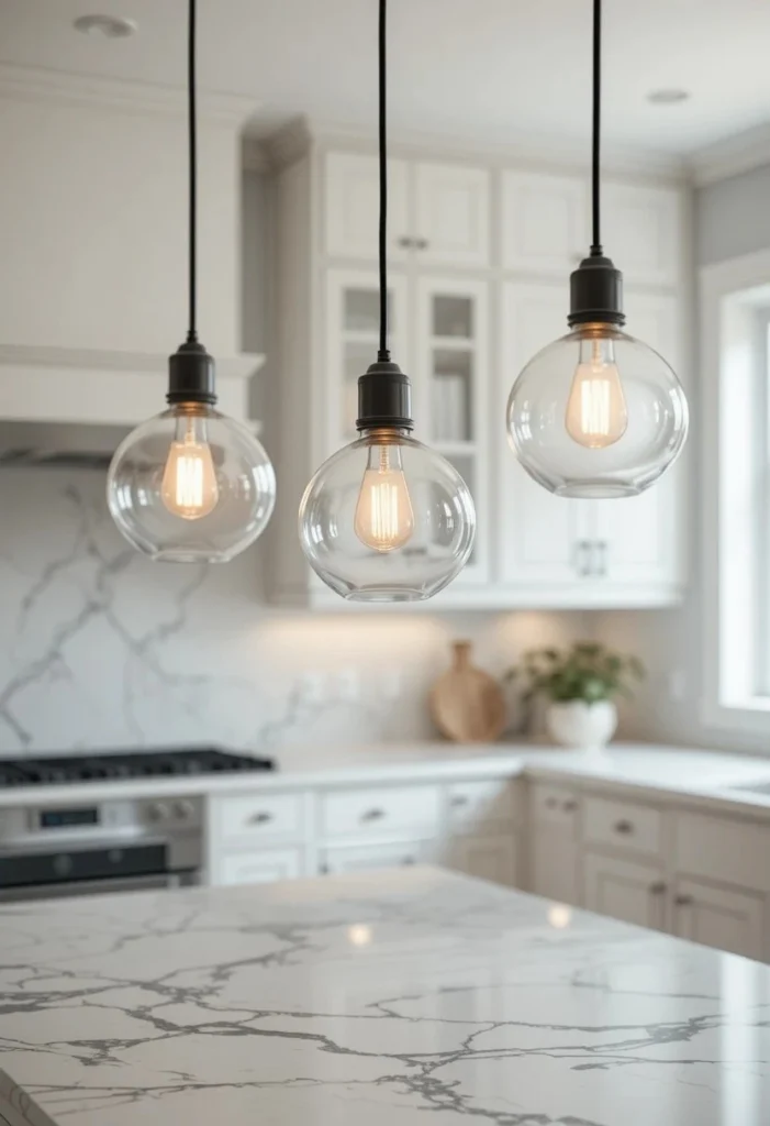Clear glass globe pendant lights over a white marble kitchen island
