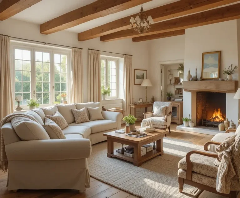 Cozy cottage living room with linen sofa and warm natural light