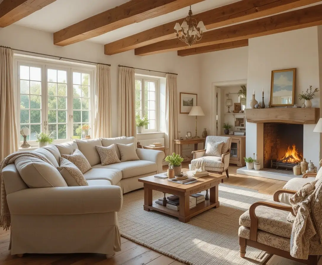 Cozy cottage living room with linen sofa and warm natural light