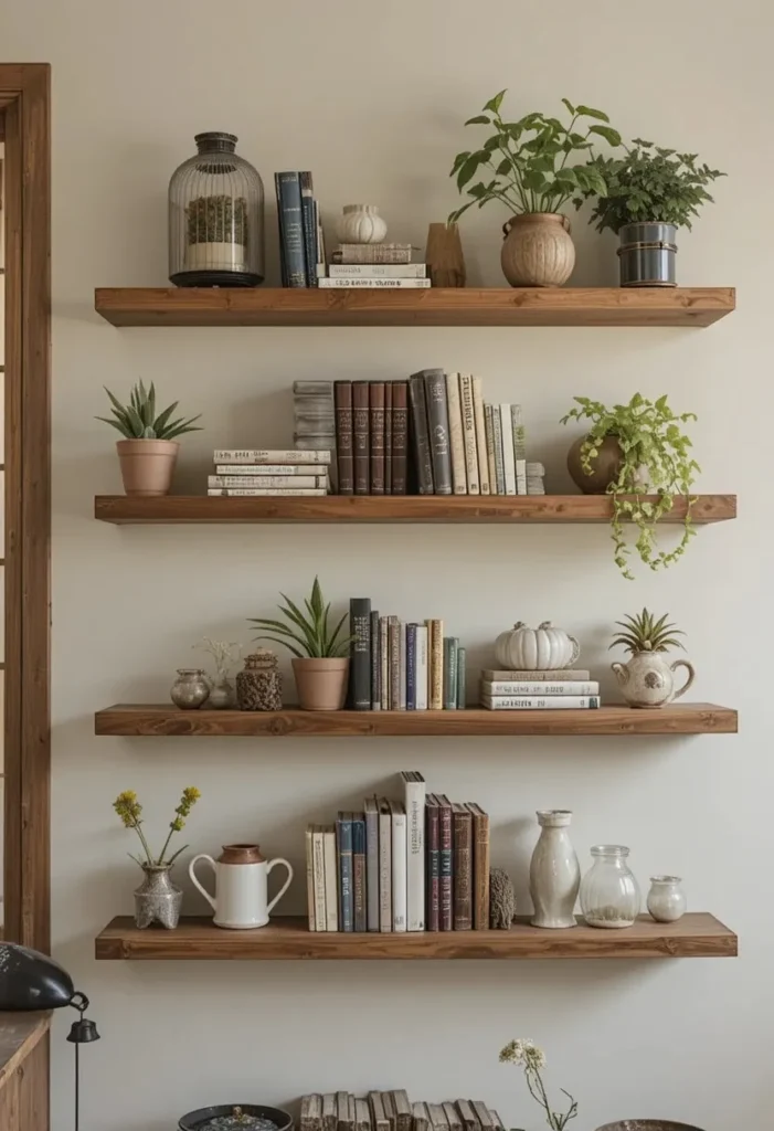 Open wood shelving styled in a cottage living room
