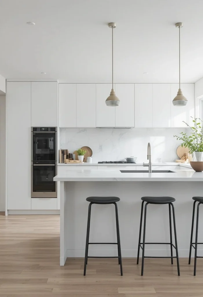 Slim metal frame bar stools in a minimalist kitchen