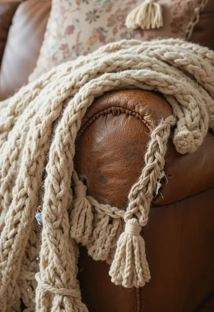 Cozy knit throw blanket on brown leather sofa
