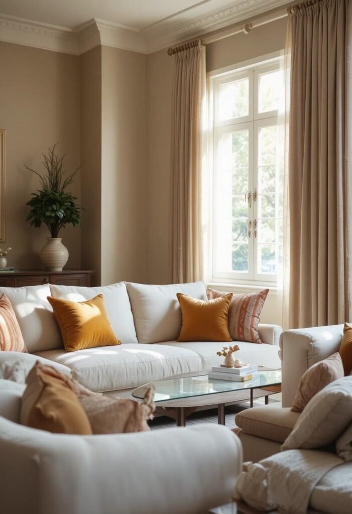 Warm neutral living room color palette with beige walls and mustard accents
