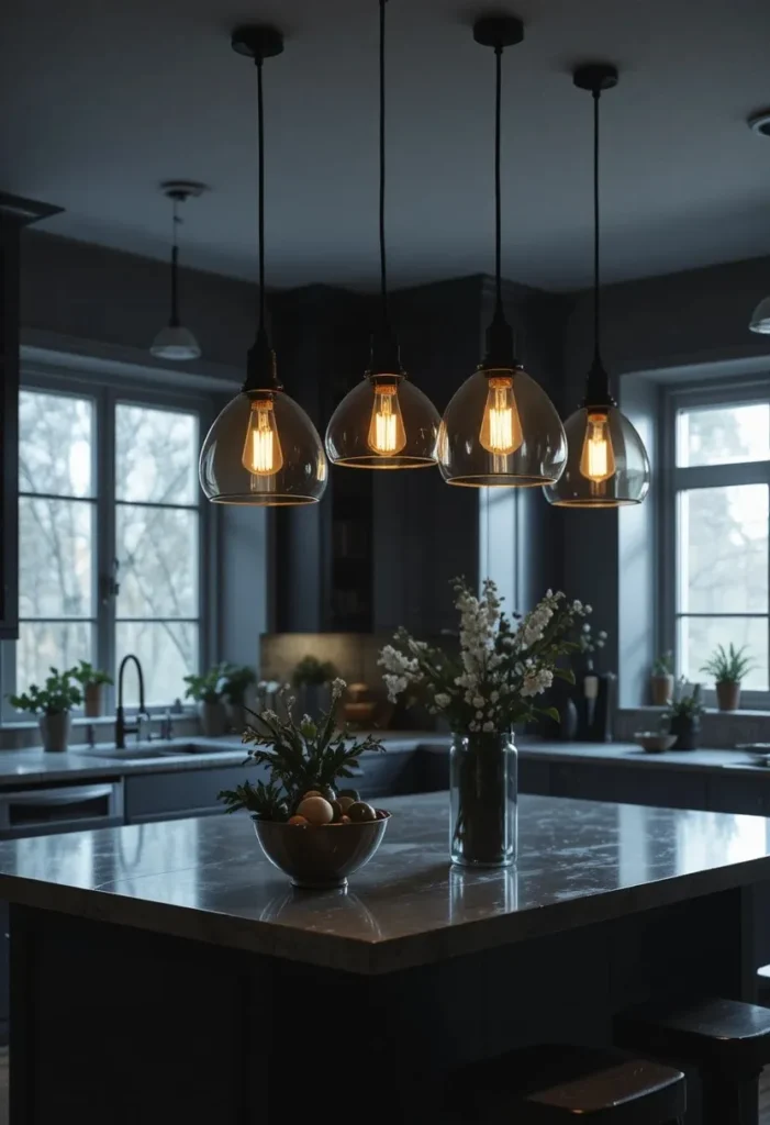 Smoked glass pendant lights creating moody ambiance over island