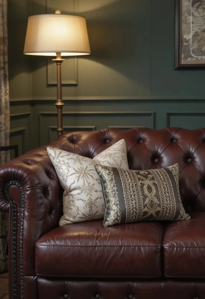 Oxblood leather Chesterfield sofa in a dark academia living room
