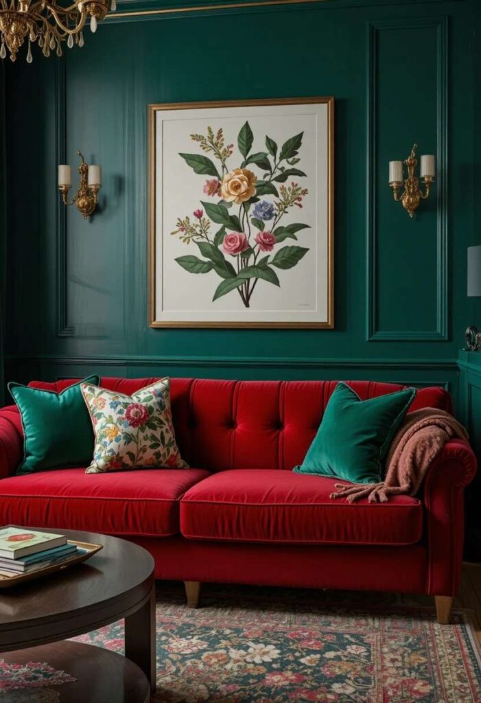 Red couch living room with emerald green moody decor
