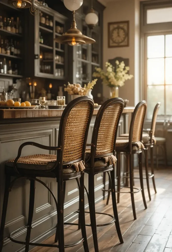 Vintage woven cane back bar stools with brass detail
