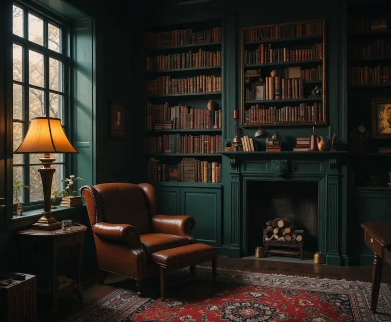 Dark academia living room with green walls, leather armchair, and bookshelf