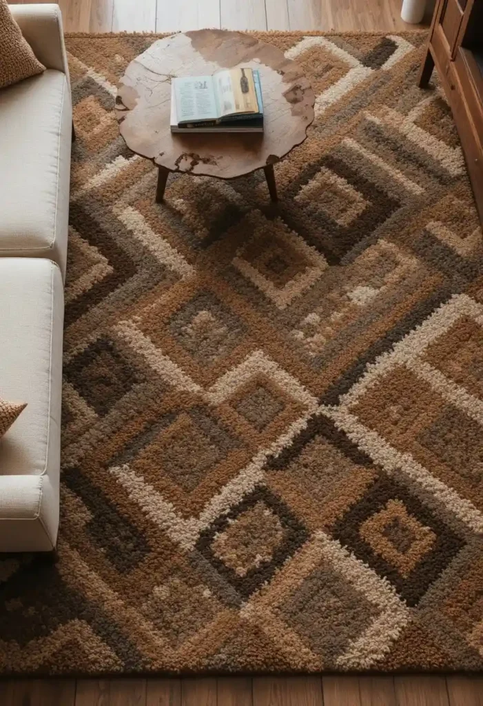 Geometric wool rug in mid century modern living room
