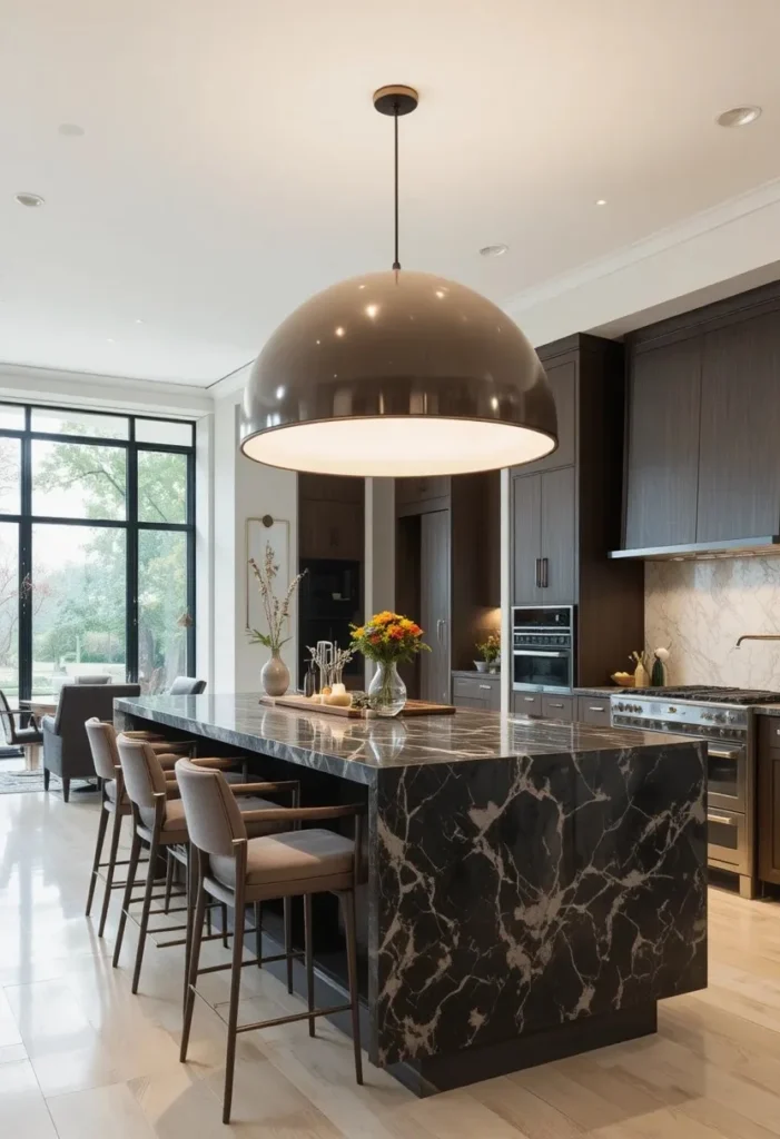 Oversized statement pendant light centered above kitchen island