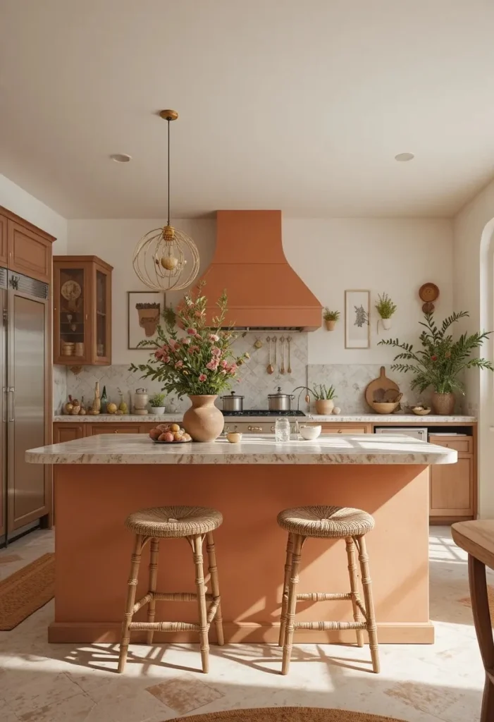 Terracotta kitchen island cabinets with warm Mediterranean styling
