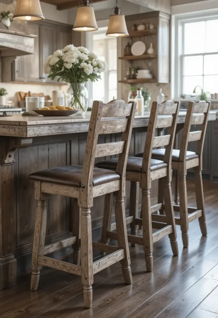 Distressed wood farmhouse bar stools at a rustic kitchen island