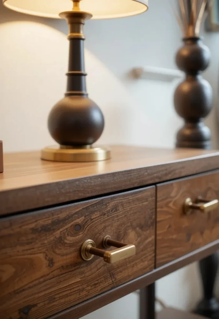 Brass accents on walnut console table
