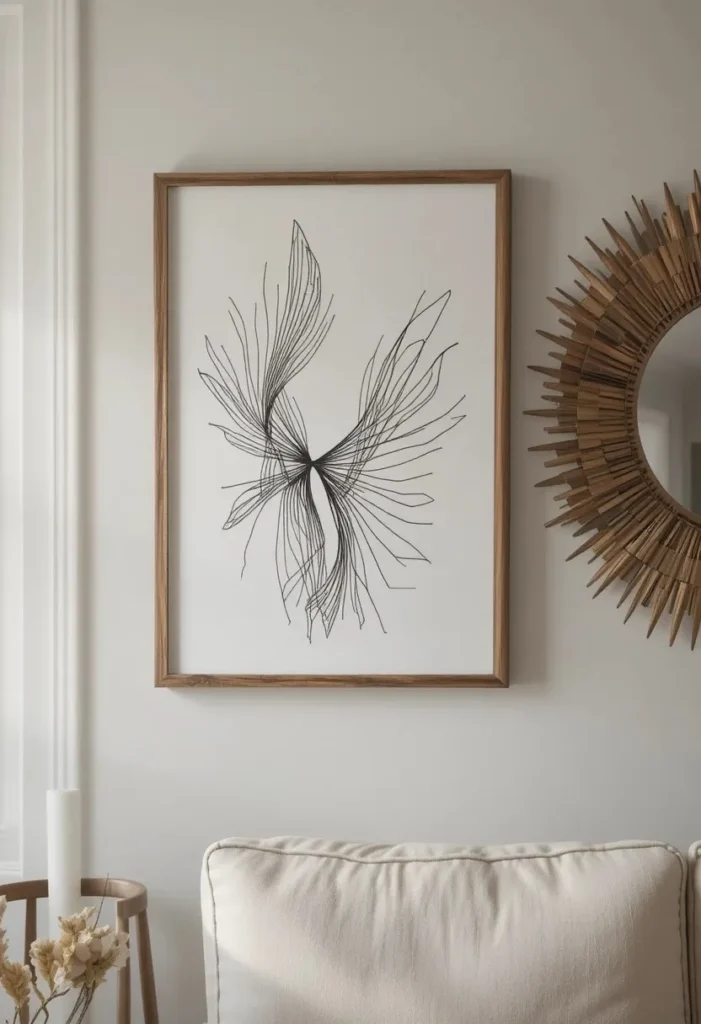 Geometric wall art and sunburst mirror in walnut frames