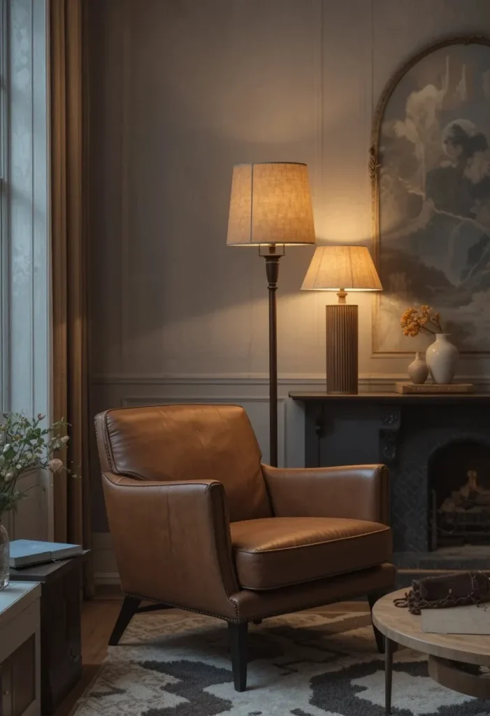 Warm layered lighting in gray and brown living room at night