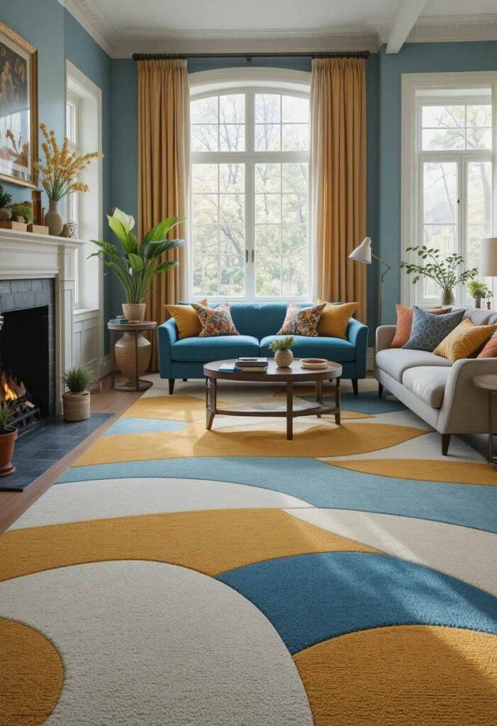Multi tonal living room carpet with playful colorful design