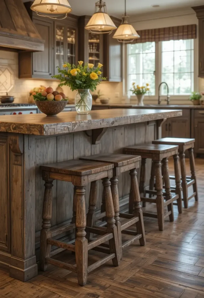 Distressed wood farmhouse bar stools at a rustic kitchen island
