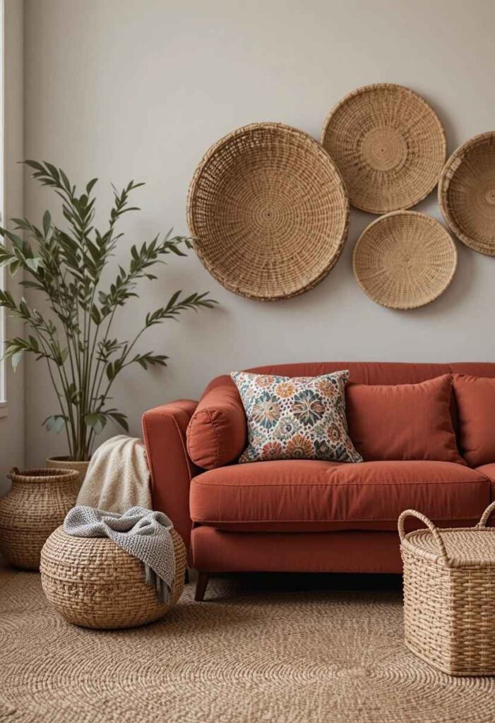 Red couch living room with woven natural textures
