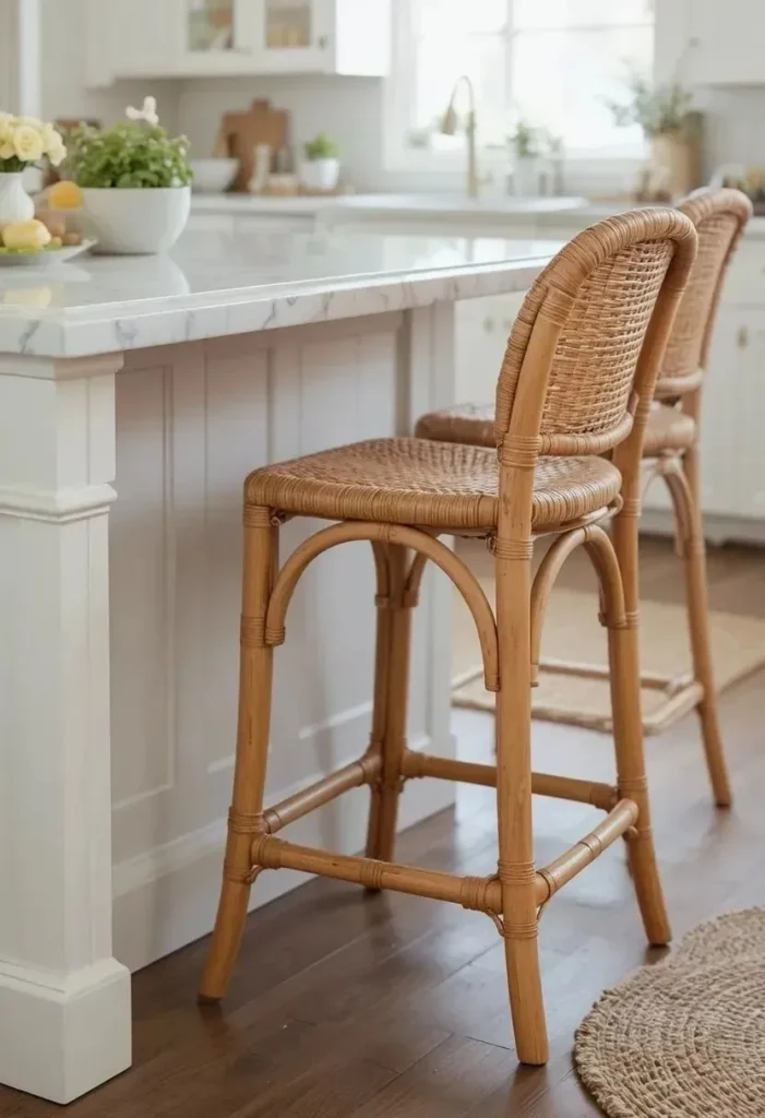 Industrial swivel bar stools with metal frames at a kitchen island