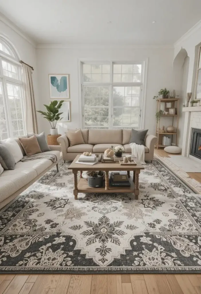Patterned area rug tying together gray and brown living room

