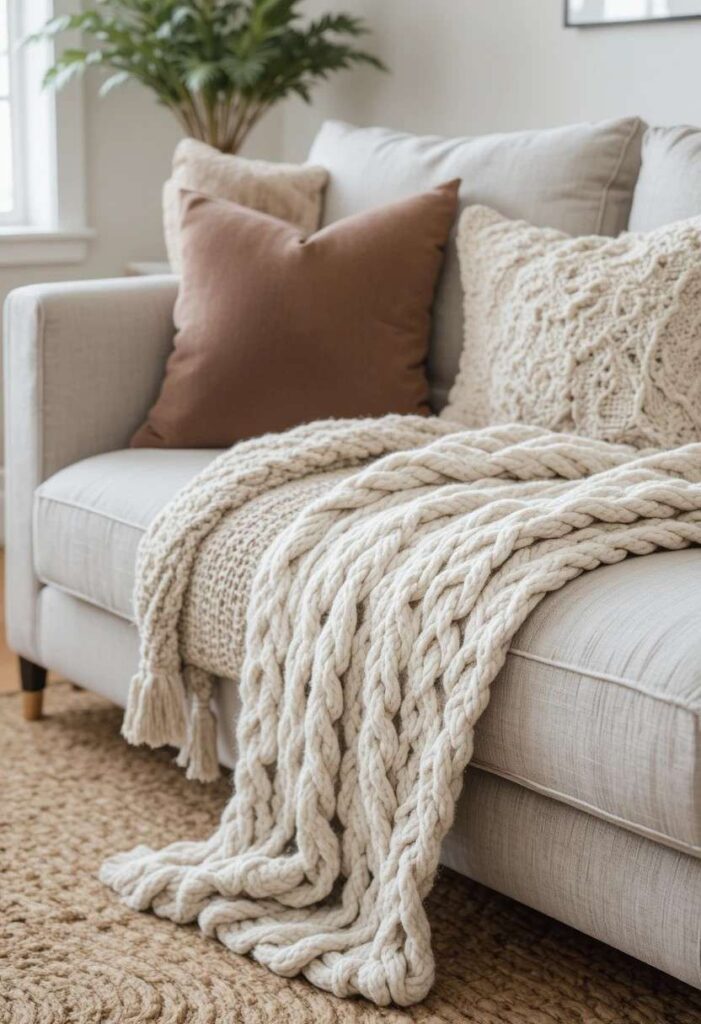 Layered textures with knit throw, jute rug, and velvet cushions in living room
