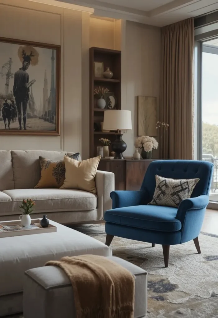 Mixed seating arrangement with sofa and accent chair in living room